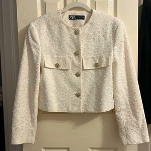Zara Textured Tweed Jacket in Light Beige